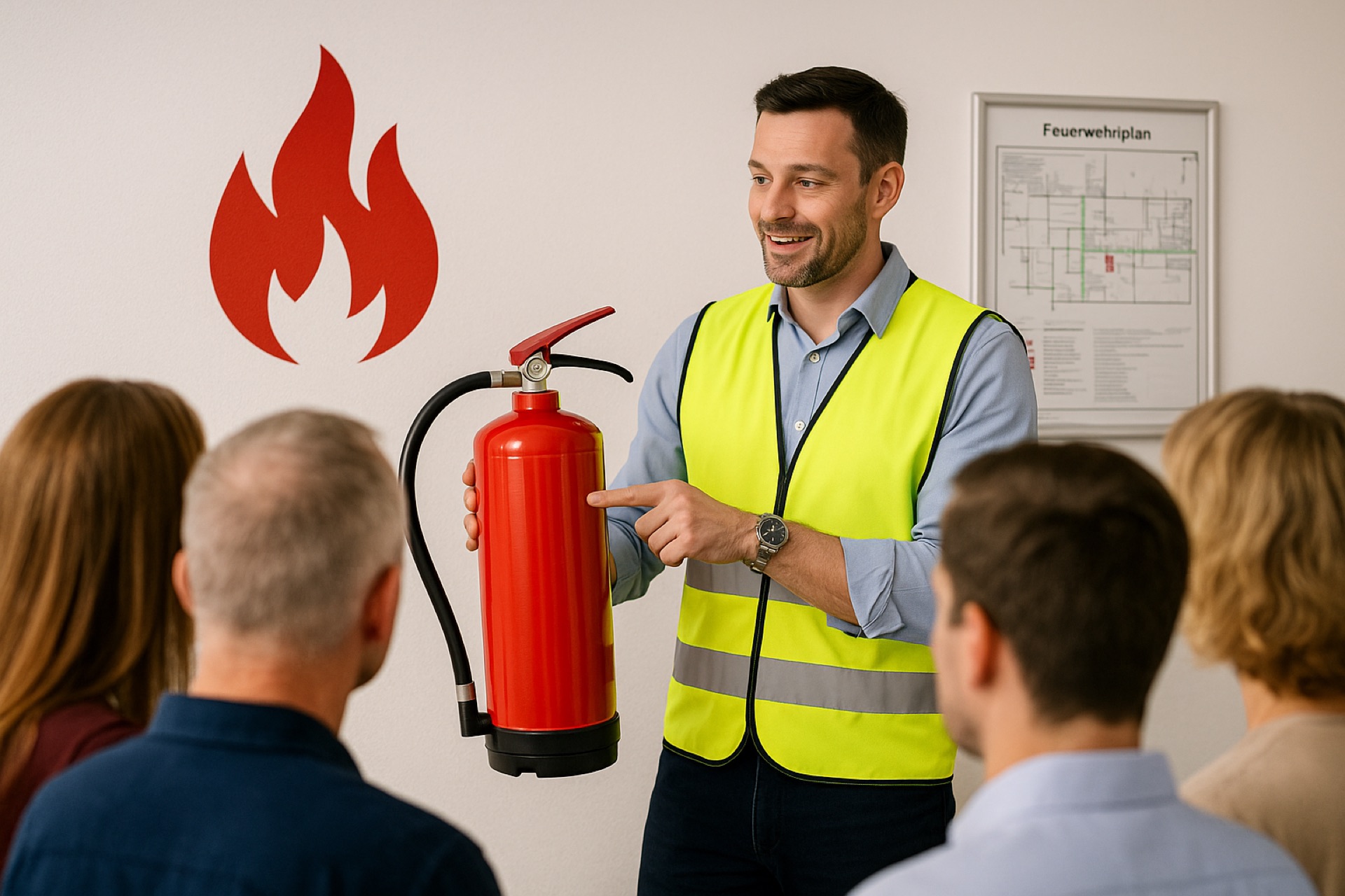 Brandschutzunterweisung: Ausbilder erklärt Mitarbeitenden einen Feuerlöscher